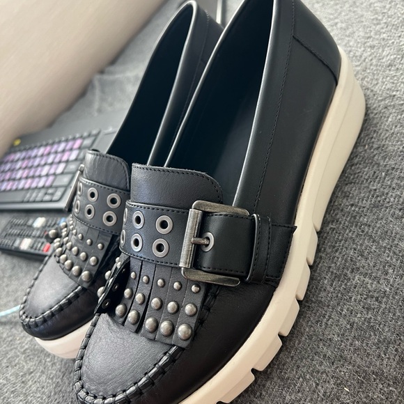 Geox Black Leather Studded Fringe Loafer Sneakers - Picture 2 of 5